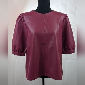 Versona  **Stylish Faux Leather Puff Sleeve Top - Berry Red** Large